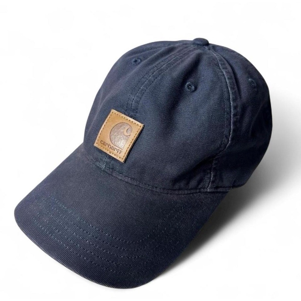 Carhartt Hat Cap Strap Back Blue Leather Logo Patch Workwear Outdoor Adjustable